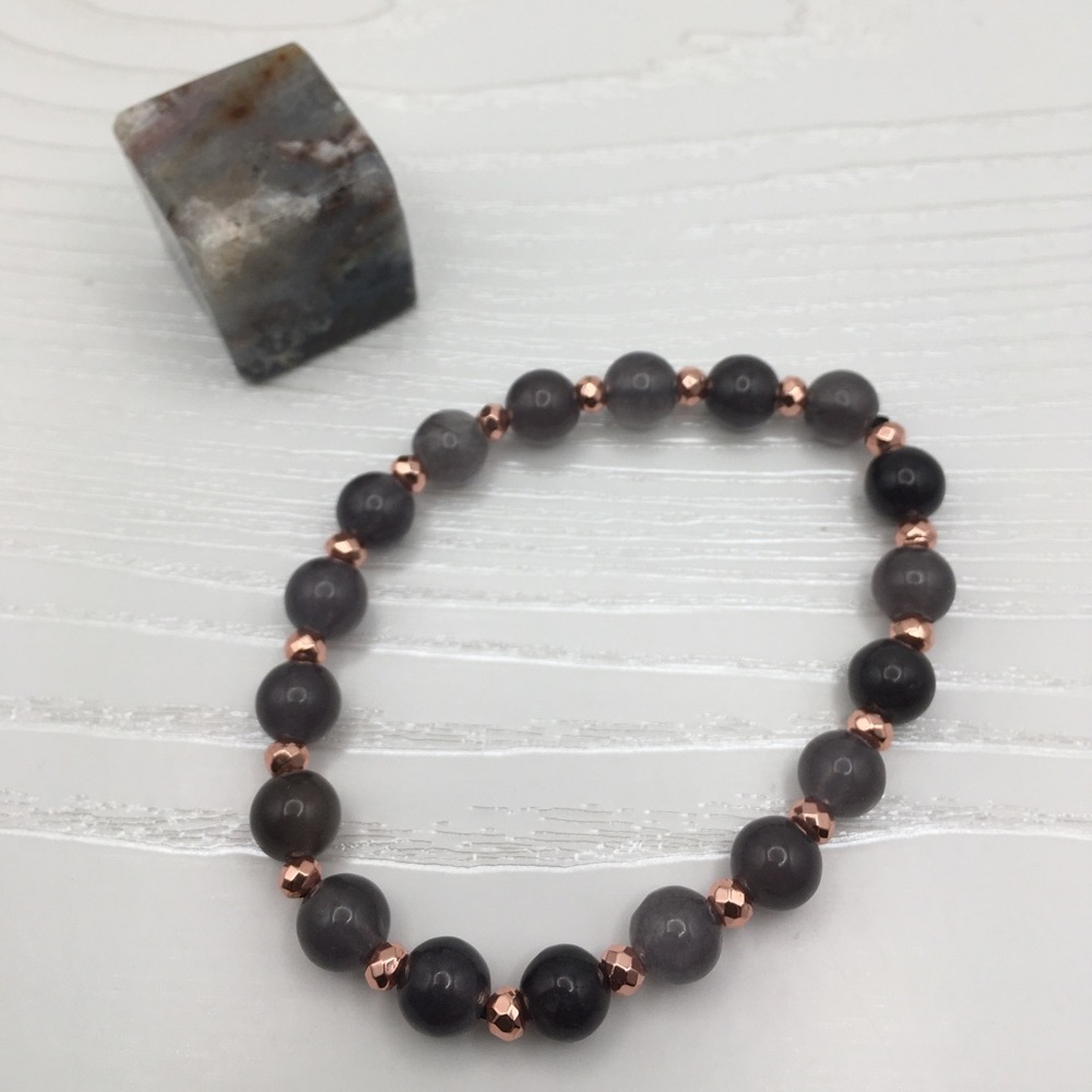 HANDCRAFTED Jade & rose Gold Hematite Stretch Bracelet